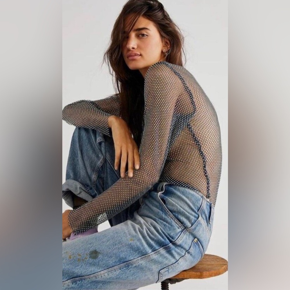 Free People Intimately*Filter Finish*Blue Netted Long Sleeve Top! NWOT. Xs/S